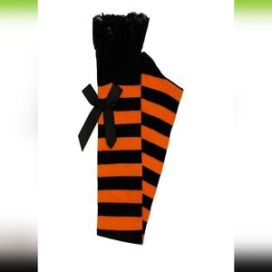 Halloween Over the Knee Socks with Lace & Bow - Orange & Black Stripes